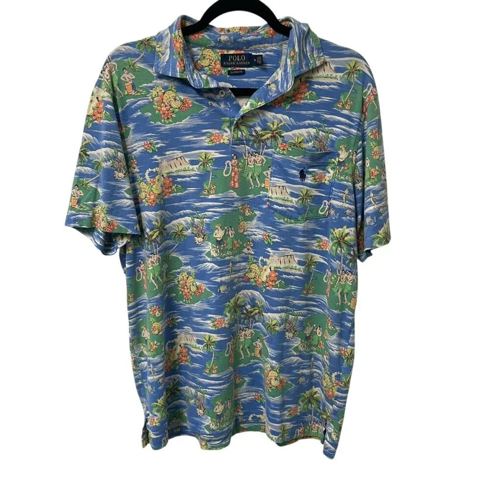 POLO RALPH LAUREN SHIRT HAWAIIAN HULA GIRL ALL OVER PRINT MENS M COTTON POLO